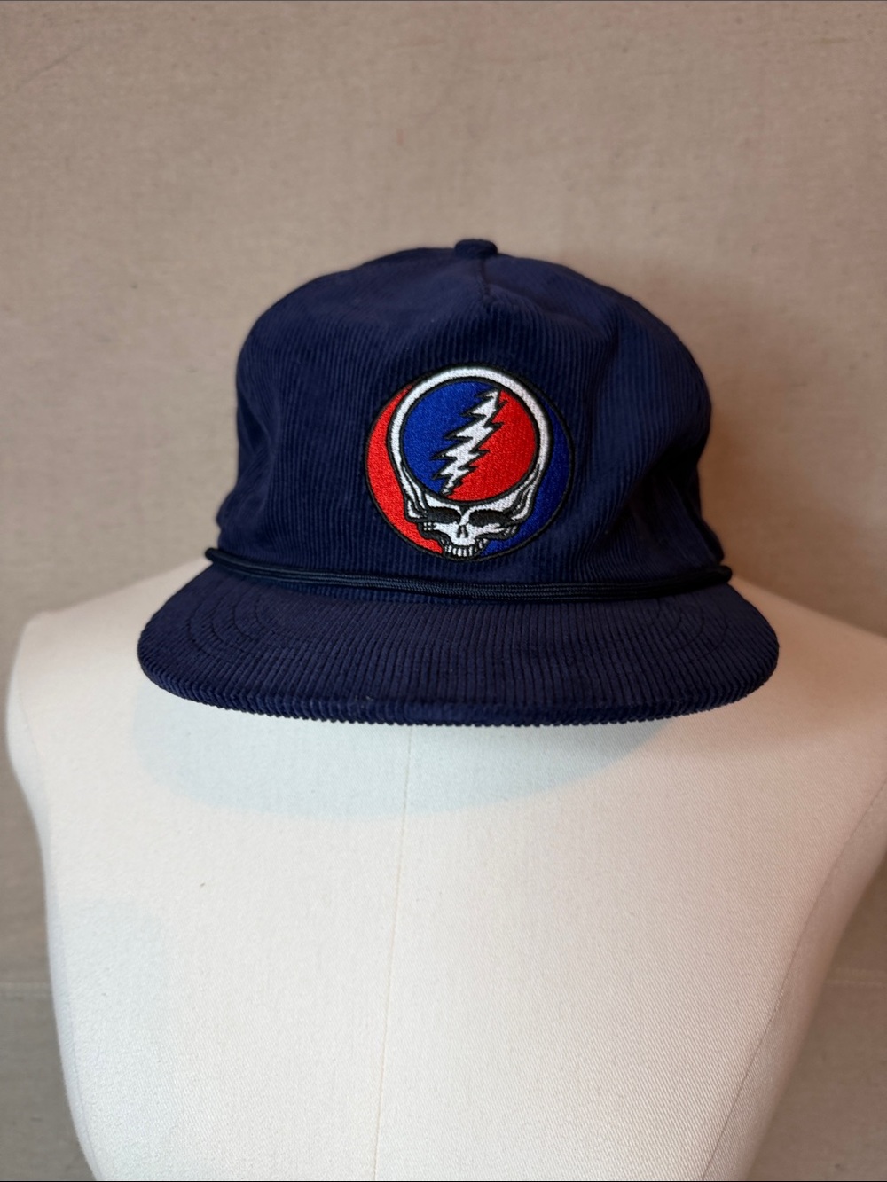 Corduroy grateful Dead snakebootz Navy Cap with Red & Blue Lightning Skull Patch